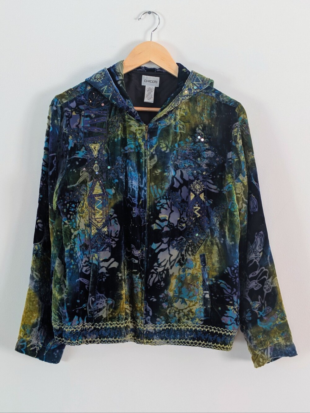 Chico's 100% Silk Lining Burnt Out Velvet Multicolor Zip Jacket - M